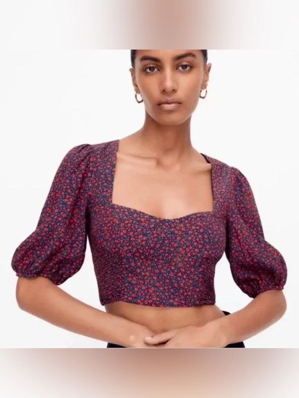 Zara Womens Floral Smocked Puff Sleeve Crop Top Square Neck Black Red Medium